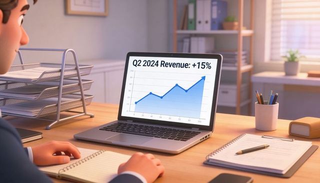 Executive reviewing q2 2024 revenue growth on laptop at tidy office desk