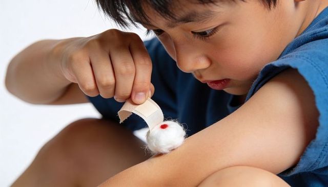 Young boy applying bandage to forearm after small cut caring for minor wound at home