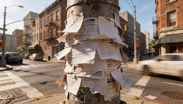 Weathered utility pole displaying torn flyers and peeling posters at urban street corner