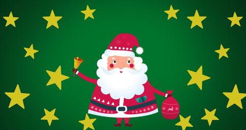Christmas Santa Claus Holding Bell and Gift Bag with Stars