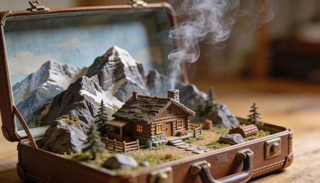 Miniature mountain cabin diorama inside vintage suitcase with smoking chimney