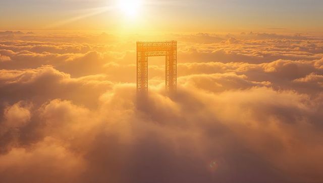 Surreal metallic gate above golden clouds at sunrise
