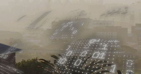 Binary Code Overlay on Smoggy Urban Skyline with Palm Tree