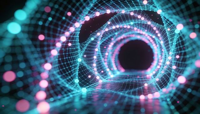 Neon wireframe tunnel forming concentric glowing rings, nodes receding into void, reflecting floor