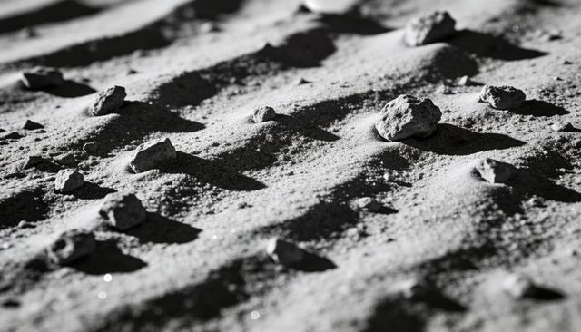 Monochrome desert sand ripples with pebbles casting dramatic long shadows and granular texture