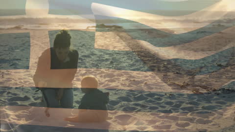 Greek Flag Overlay with Mother and Child on Beach