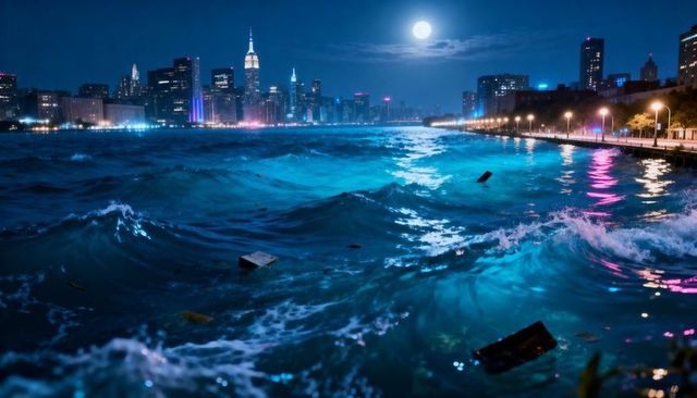 Bioluminescent waves churning under moonlight, neon city skyline and waterfront promenade
