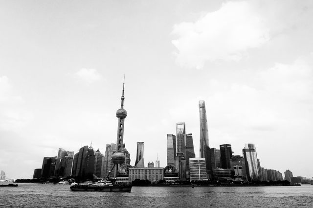 Black and white view of Shanghai's iconic skyline featuring numerous skyscrapers along the waterfront. Ideal for usage in articles, blogs or advertisements related to travel, business, architecture, or urban development. Perfect for adding a sophisticated, modern touch to visual media.