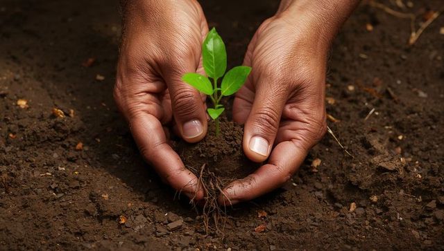 Hands Holding Seedling Above Soil Symbolizing Growth and Sustainability
