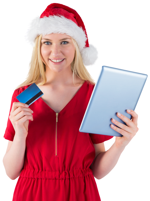 Transparent smiling woman wearing Santa hat holding tablet and credit card doing online shopping - Download Free Stock Videos Pikwizard.com