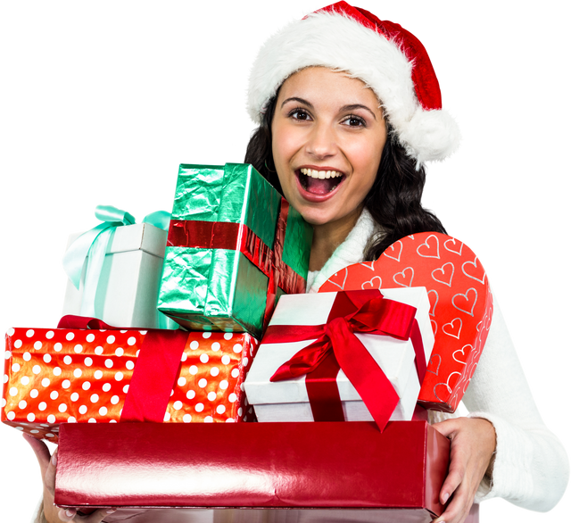 Smiling Woman in Santa Hat Holding Pile of Festive Christmas Gifts Transparent - Download Free Stock Videos Pikwizard.com