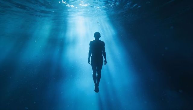 Solitary male silhouette floating upward through sunlit deep blue water with dramatic rays