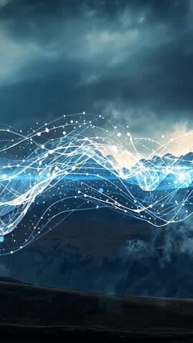 Vertical video showing glowing braided waveform pulsing over mountain ridge with sparkling nodes and