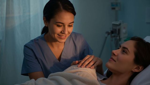 Smiling nurse providing gentle touch and comfort to patient in hospital bed at night