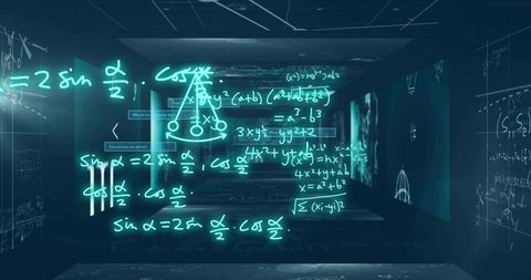 Projecting holographic math equations across futuristic lab hall with neon cyan diagrams