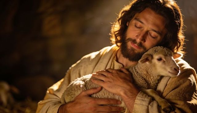 Gentle shepherd cradling lamb in warm golden stable light portraying peace and tenderness
