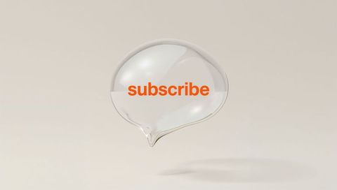 Floating transparent glass speech bubble subscribe button with orange text modern minimal
