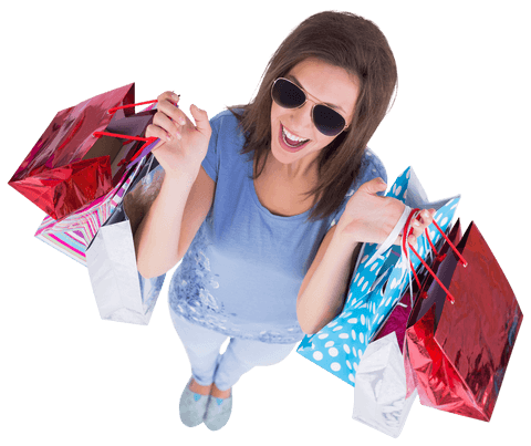 Cheerful Woman with Shopping Bags and Sunglasses on Transparent Background