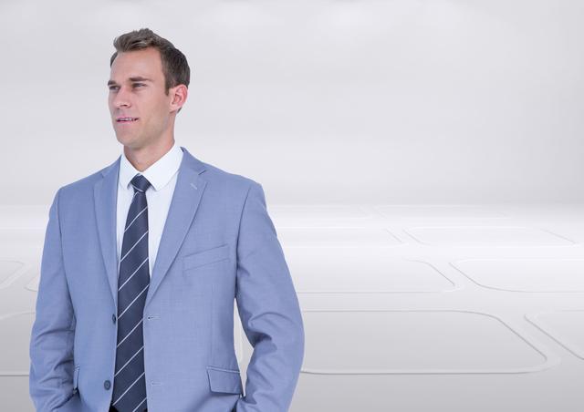 Young businessman in smart blue suit standing confidently against a futuristic 3D background. Ideal for corporate websites, business presentations, executive profiles, and career-related materials.