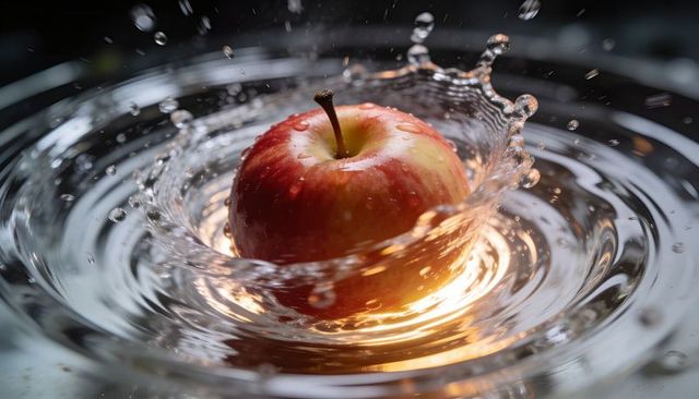 Splashing red-yellow apple creating crown splash and warm ripples in studio macro