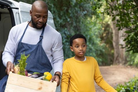 African american father delivering fresh market produce while walking with son outdoors