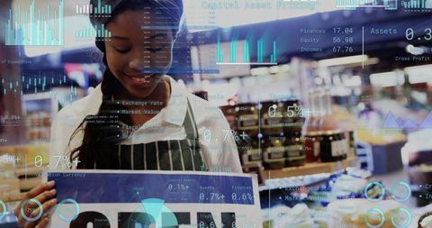 Smiling store cashier presenting sign with retail analytics and digital data overlays