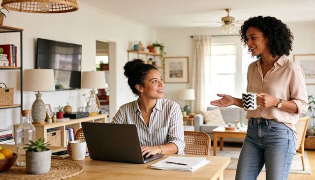 Remote coworkers collaborating in sunlit home dining workspace with laptop and coffee