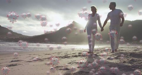 Couple Walking on Beach with COVID-19 Virus Illustration