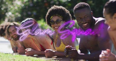 Sunlit poolside group laughing and chatting in swimwear with neon 'glam squad' overlay