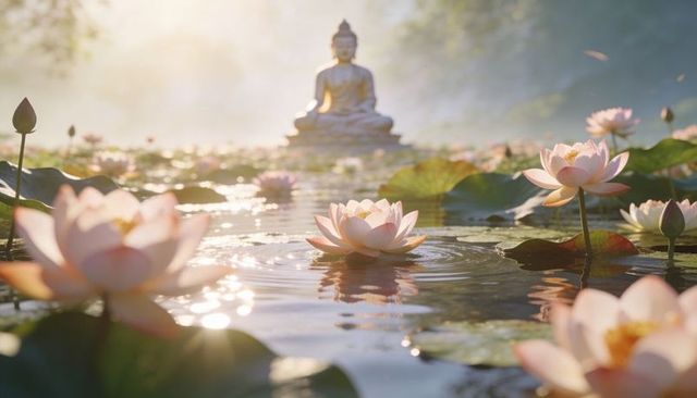 Tranquil lotus pond at dawn with buddha silhouette, soft mist and golden sunlight