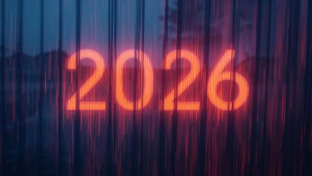 Glowing 2026 neon numerals casting vertical rain reflections over moody urban nightscape
