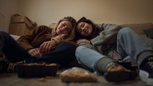 Two friends resting and smiling on couch, leaning together in cozy apartment with takeout