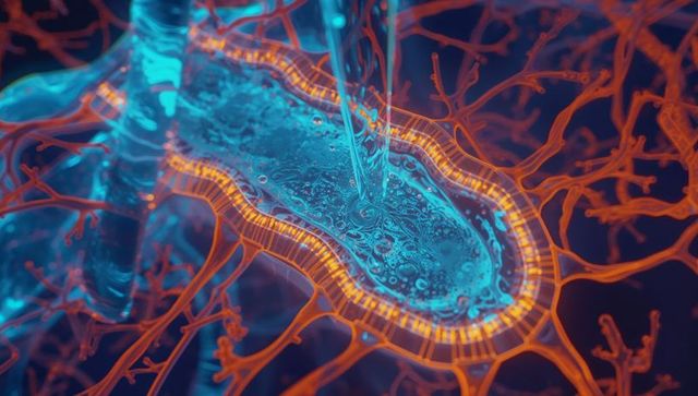 Pouring cyan microfluidic stream bathing glowing oval pool with neon filament network