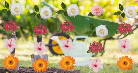 Colorful floral icon pattern with garden tools