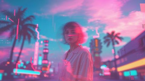 Glowing Woman in Futuristic Neon Cityscape with Palm Trees at Dusk