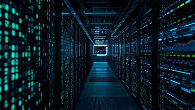 Futuristic server room with led lights and modern infrastructure