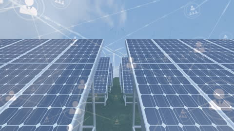 Renewable Energy Network Over Solar Panels in Blue Sky Setting