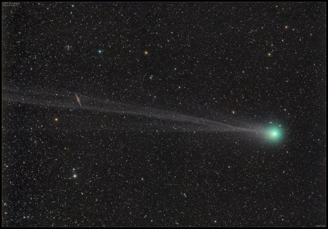 This image depicts comet C/2014 Q2, also known as Lovejoy, showing its bright green coma and tail as it soars through space. Captured just after it passed the perihelion, the comet's tensile glow results from its interaction with the Sun. Perfect for illustrating scientific articles on cometary research, space phenomena, and NASA’s observations. It can serve educational purposes or be used in STEM literature to explain the chemical composition of celestial bodies.