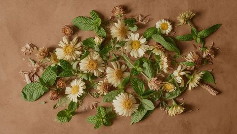 Pale daisy and mint flatlay featuring rustic kraft paper, earthy botanical still life