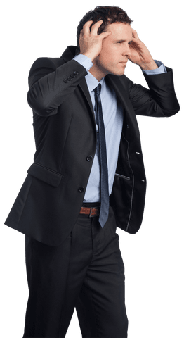 Frustrated Businessman in Suit Holding Head in Despair, Transparent Background