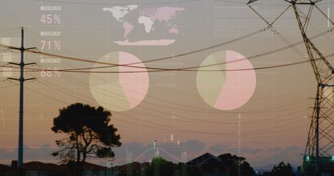 Financial data overlay on electricity poles at sunset