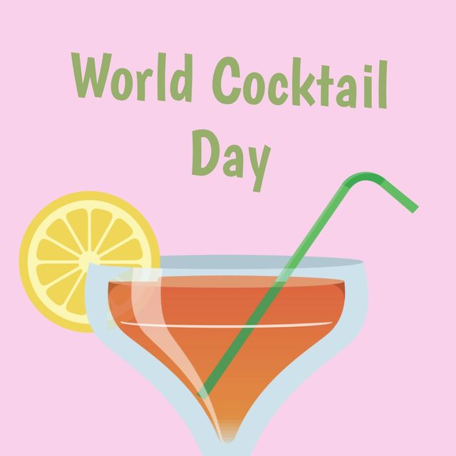 World cocktail day text banner with cocktail glass against pink background. world cocktail day awareness concept