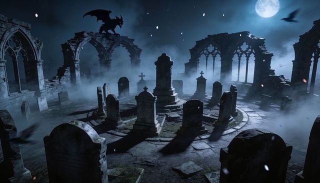 Moonlit gothic graveyard circling tombstones casting long shadows perching gargoyle
