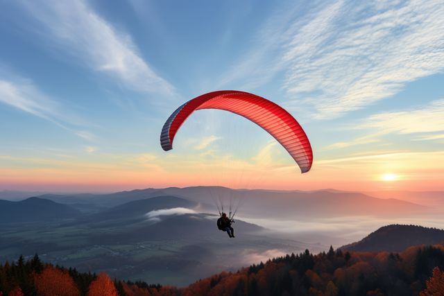 Paraglider drifting over countryside landscape at sunset, created using generative ai technology. Paragliding, sports, flying and freedom concept digitally generated image.