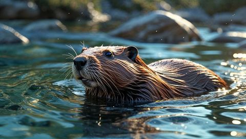 Solitary beaver glides through serene forest stream