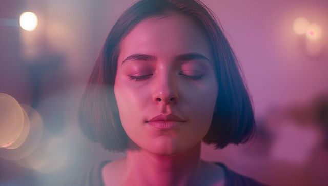 Woman embracing calmness in ethereal violet and pink glow