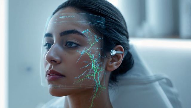 Indian woman wearing ar neural facial visor with ear implant in futuristic clinical lab
