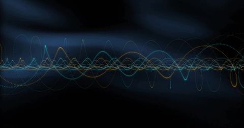 Abstract neon waveform visualization with teal and gold curves on dark tech background