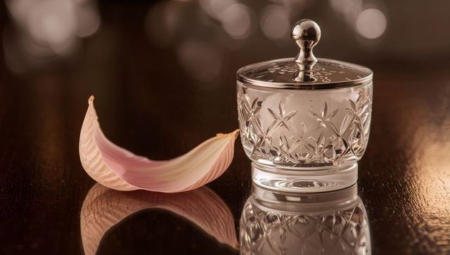 Cut-glass trinket jar with silver lid and pink petal reflection on polished wood soft bokeh