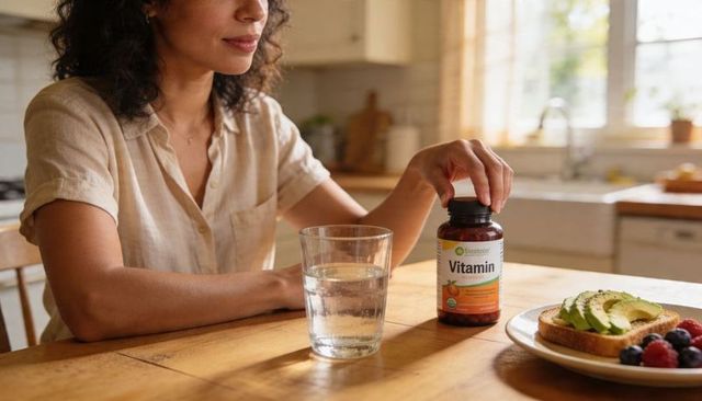 Woman reaching for vitamin bottle at kitchen table with avocado toast and glass of water